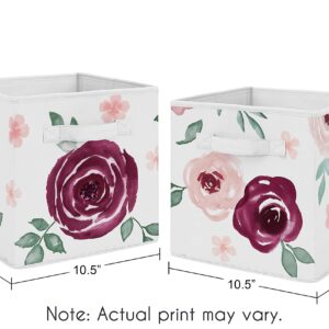 Sweet Jojo Designs Burgundy Watercolor Floral Foldable Fabric Storage Cube Bins Boxes Organizer Toys Kids Baby Childrens - Set of 2 - Blush Pink Maroon Wine Rose Green Shabby Chic Flower Farmhouse