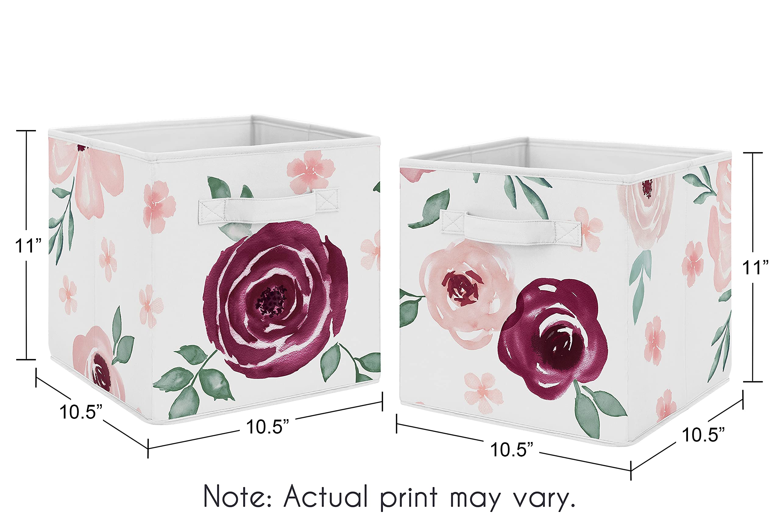 Sweet Jojo Designs Burgundy Watercolor Floral Foldable Fabric Storage Cube Bins Boxes Organizer Toys Kids Baby Childrens - Set of 2 - Blush Pink Maroon Wine Rose Green Shabby Chic Flower Farmhouse