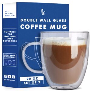 kitchables double walled glass coffee mugs set of 2, 20oz insulated glass coffee mugs for cappuccino, latte, tea, espresso - latte cup - tazas para cafe