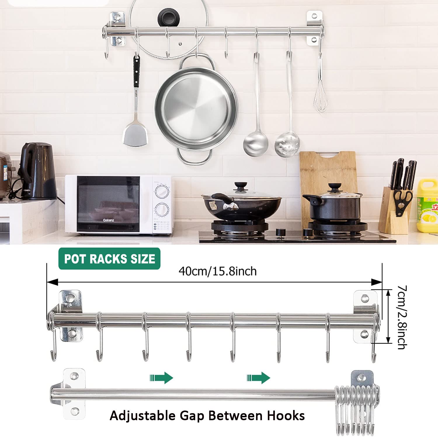 smart-hormarket 16-inch Pot Rack, 2 Packs Wall-Mounted Kitchen Pot Rack Double-Bar Stainless Steel Appliance Hanging Rack Kitchen Rail Organizer with 16 Hooks 40 X 7 X 6.5 cm