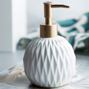 ceramics gold soap dispenser for bathroom, relief soap dispenser for kitchen sink, 400ml/13.5oz refillable liquid hand soap dispenser with gold pump (white)
