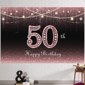 hamigar 6x4ft happy 50th birthday banner backdrop - 50 years old birthday decorations party supplies for women - rose gold