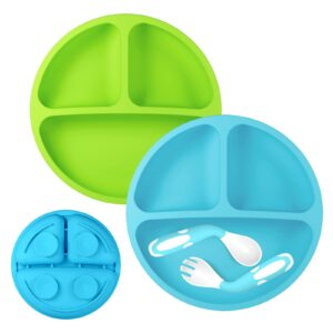 ANTUREBAY Suction Plates for Babies, 100% SiliconeToddler plates,Divided Baby Plates, Dishwasher & Microwave Friendly,Food Grade Silicone Kids Plates with Spoon Fork. (Blue,Green)