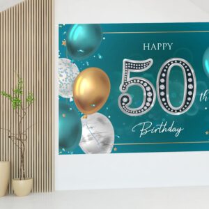 HAMIGAR 6x4ft Happy 50th Birthday Banner Backdrop - 50 Years Old Birthday Decorations Party Supplies for Women Men - Green Silver