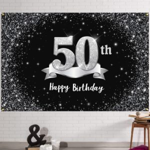 hamigar 6x4ft happy 50th birthday banner backdrop - 50 years old birthday decorations party supplies for women men - black silver