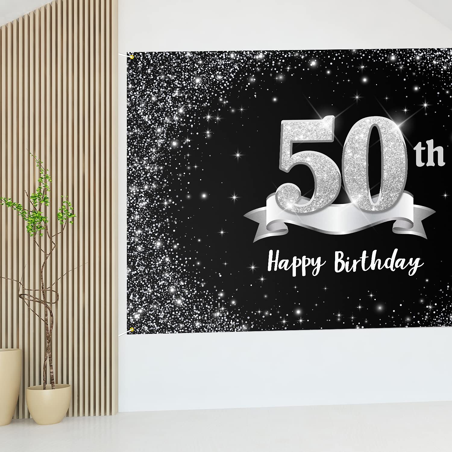 HAMIGAR 6x4ft Happy 50th Birthday Banner Backdrop - 50 Years Old Birthday Decorations Party Supplies for Women Men - Black Silver