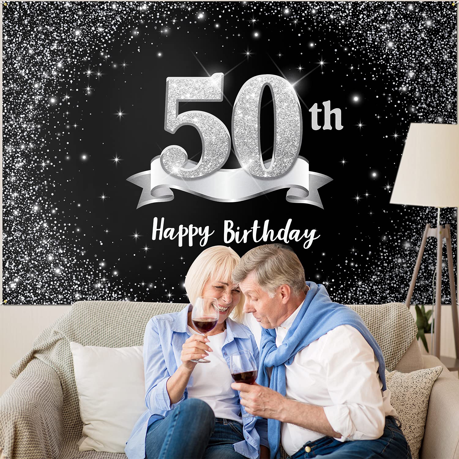 HAMIGAR 6x4ft Happy 50th Birthday Banner Backdrop - 50 Years Old Birthday Decorations Party Supplies for Women Men - Black Silver