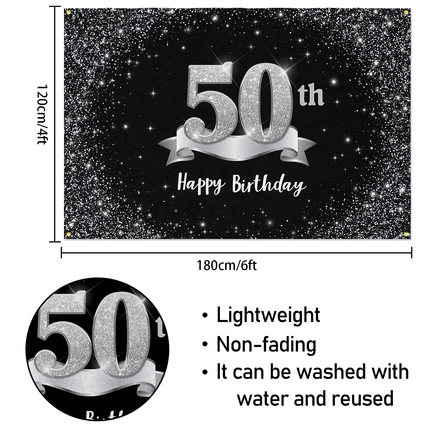 HAMIGAR 6x4ft Happy 50th Birthday Banner Backdrop - 50 Years Old Birthday Decorations Party Supplies for Women Men - Black Silver