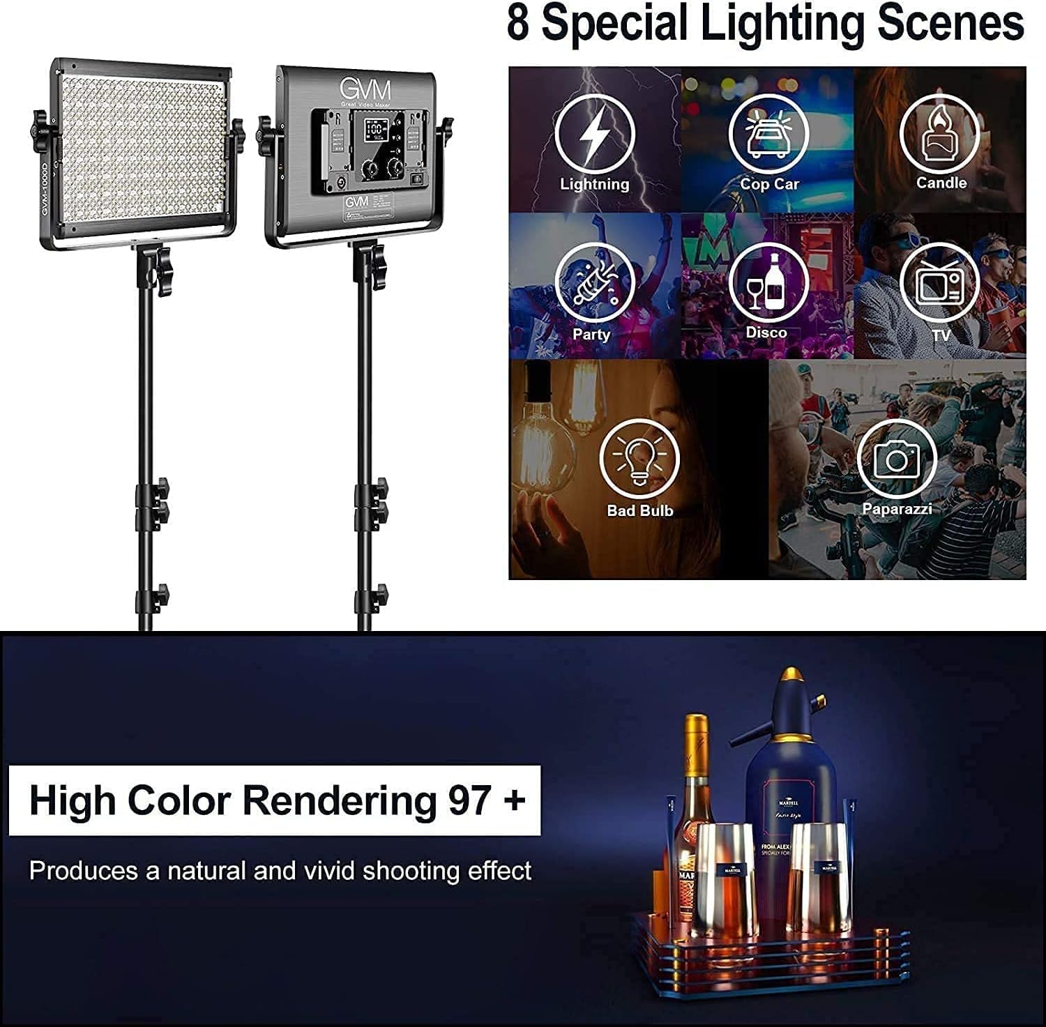 GVM 1000D RGB Led Video Light with 2 Softboxes, Photography Lighting Kit with Bluetooth Control, Full Color Video Lighting Kit with 8 Applicable Scenes, 2 Packs Led Light Panel for Video Shooting