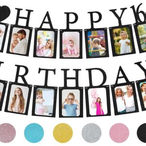 Sweet 16 Birthday Decorations Photo Banner in Black Pre-assembled - Sweet 16 Banner WITH Sixteen Photo Card Frames Party Supplies - Happy 16th birthday decorations for girls with 16 Signs