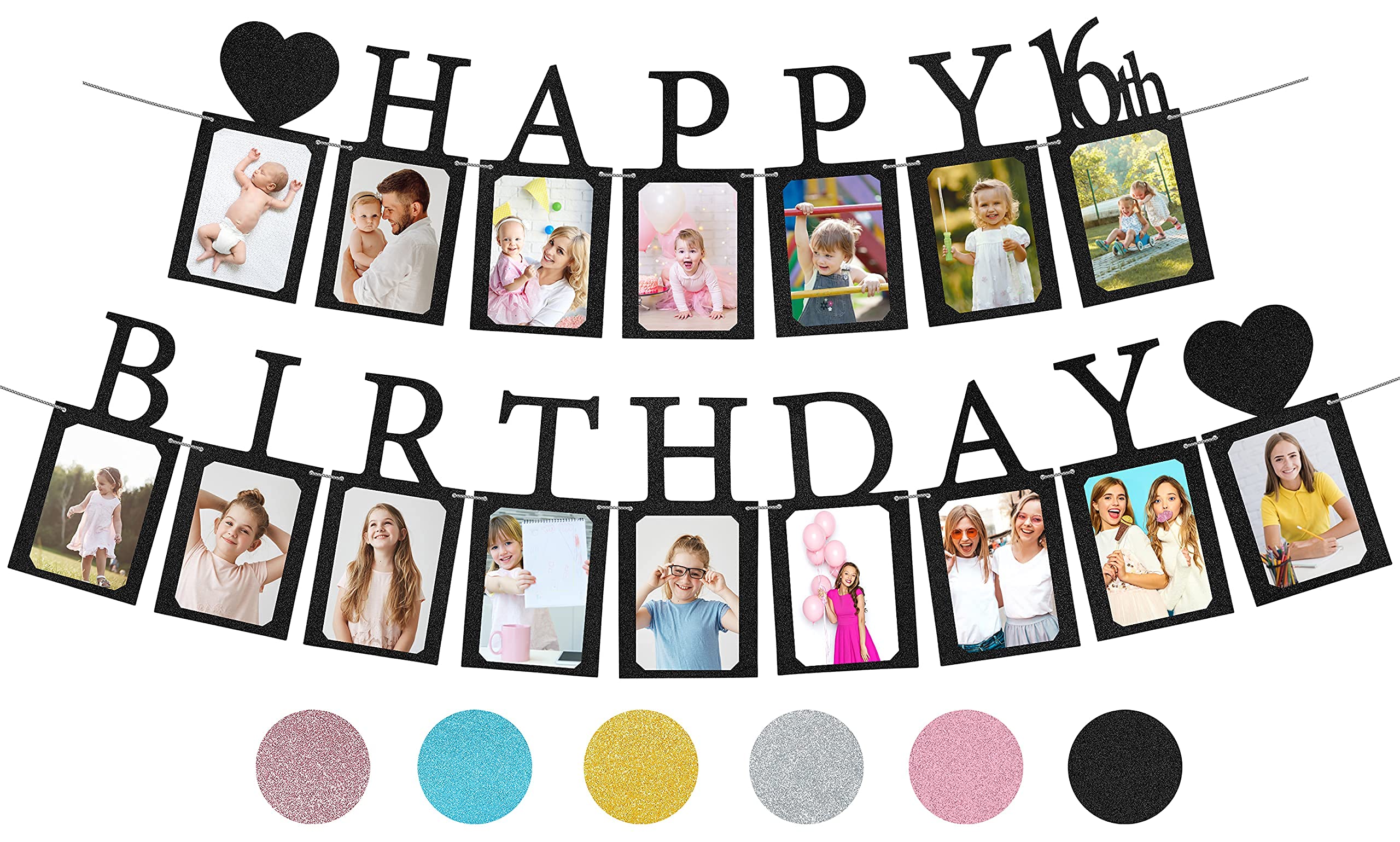 Sweet 16 Birthday Decorations Photo Banner in Black Pre-assembled - Sweet 16 Banner WITH Sixteen Photo Card Frames Party Supplies - Happy 16th birthday decorations for girls with 16 Signs