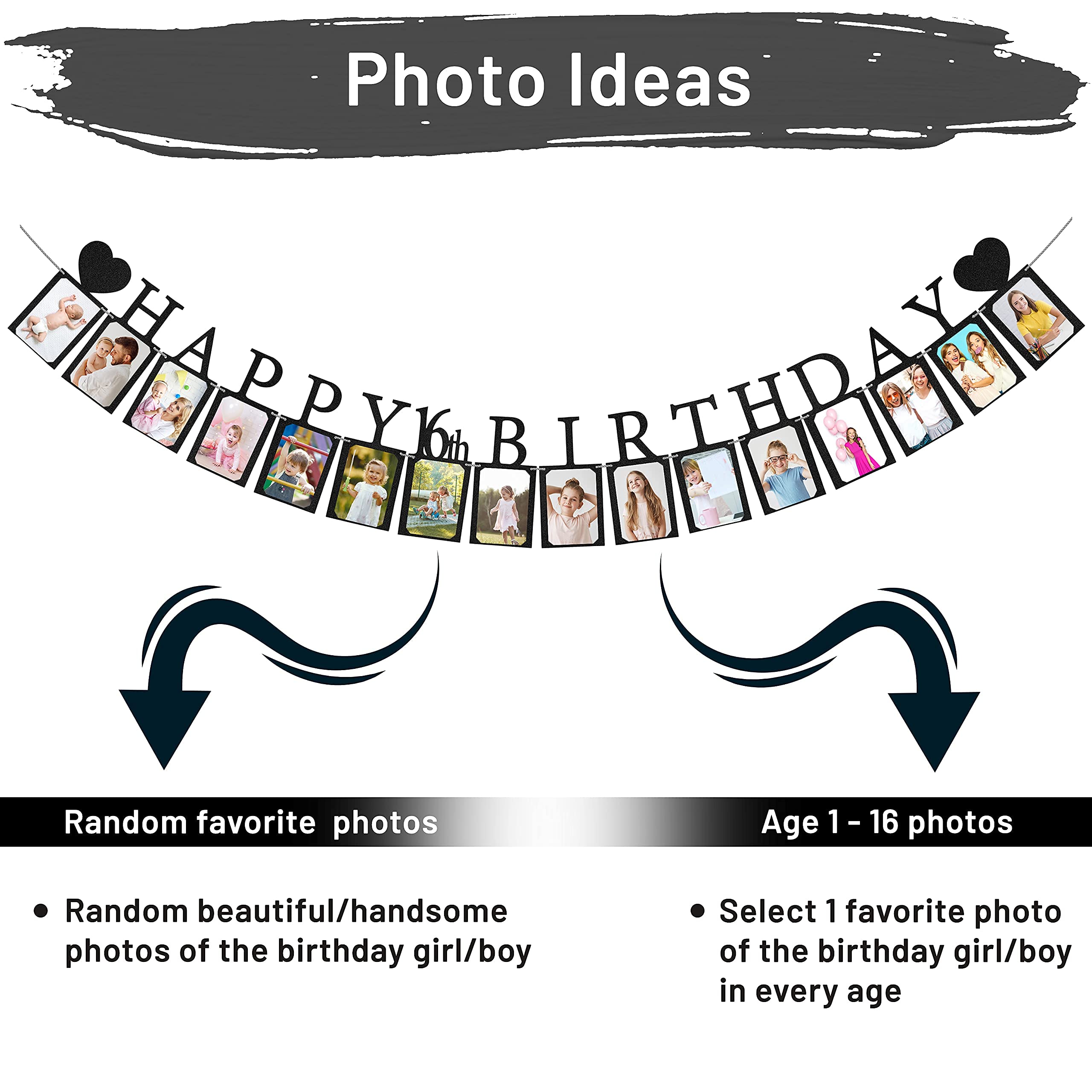 Sweet 16 Birthday Decorations Photo Banner in Black Pre-assembled - Sweet 16 Banner WITH Sixteen Photo Card Frames Party Supplies - Happy 16th birthday decorations for girls with 16 Signs