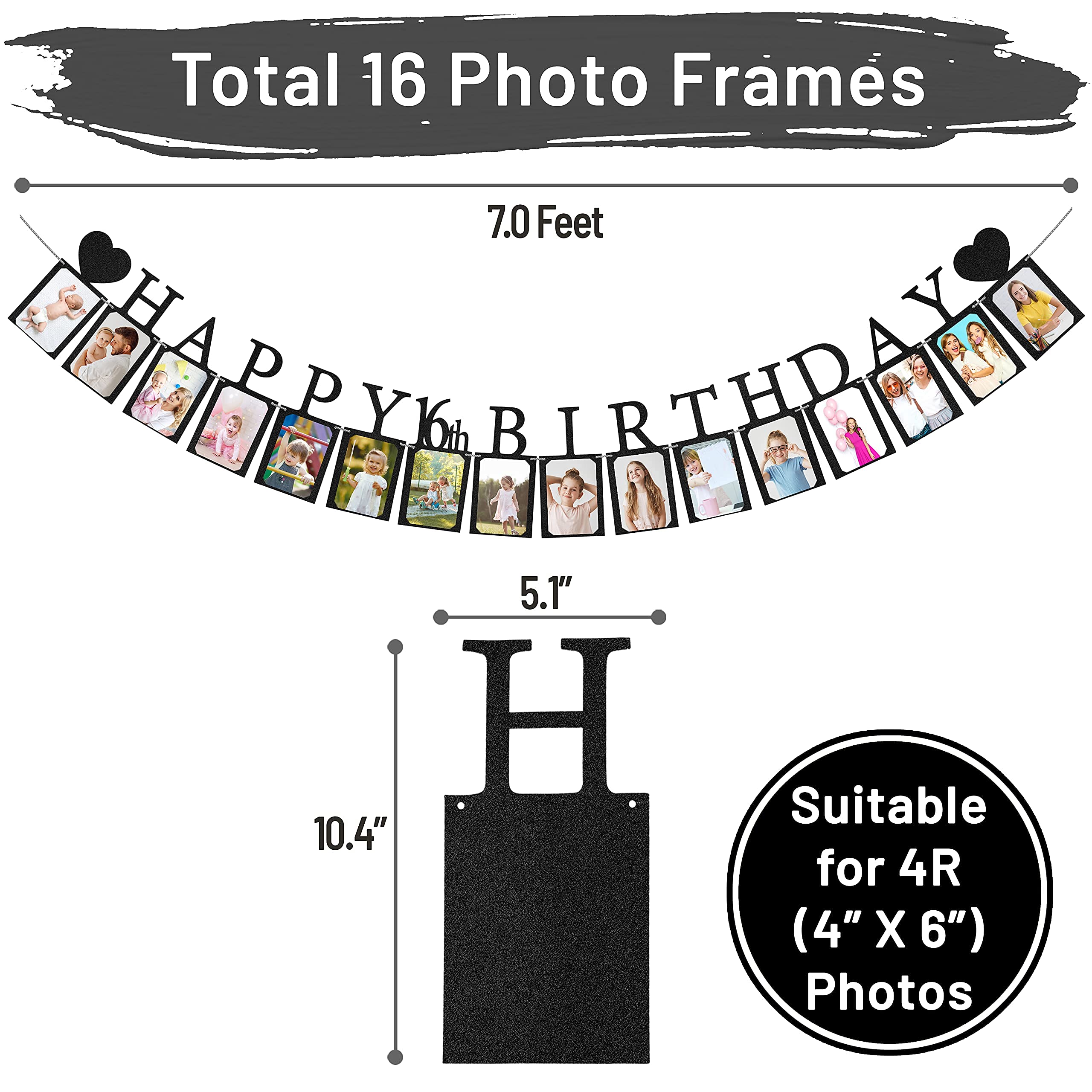 Sweet 16 Birthday Decorations Photo Banner in Black Pre-assembled - Sweet 16 Banner WITH Sixteen Photo Card Frames Party Supplies - Happy 16th birthday decorations for girls with 16 Signs