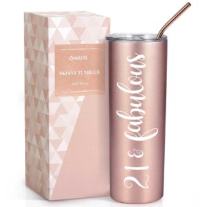 onebttl 21st birthday gifts for women, girl, her - 21 and fabulous -20oz/590ml stainless steel insulated tumbler with straw, lid, message card - (rose gold)