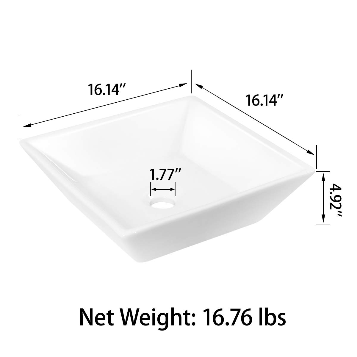 Sinber 16" x 16" x 4.92" White Square Ceramic Countertop Bathroom Vanity Vessel Sink BVS1616A-OK