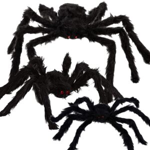 umeelr halloween realistic giant spider decoration, 3pcs scary hairy spiders large fake spiders props for halloween indoor outdoor yard garden lawn house wall party decor (24" 36" 60")