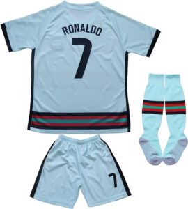 fpf #7 ronaldo kids football soccer jersey/shorts/socks kit youth sizes (ronaldo green, 24 (6-7 years))