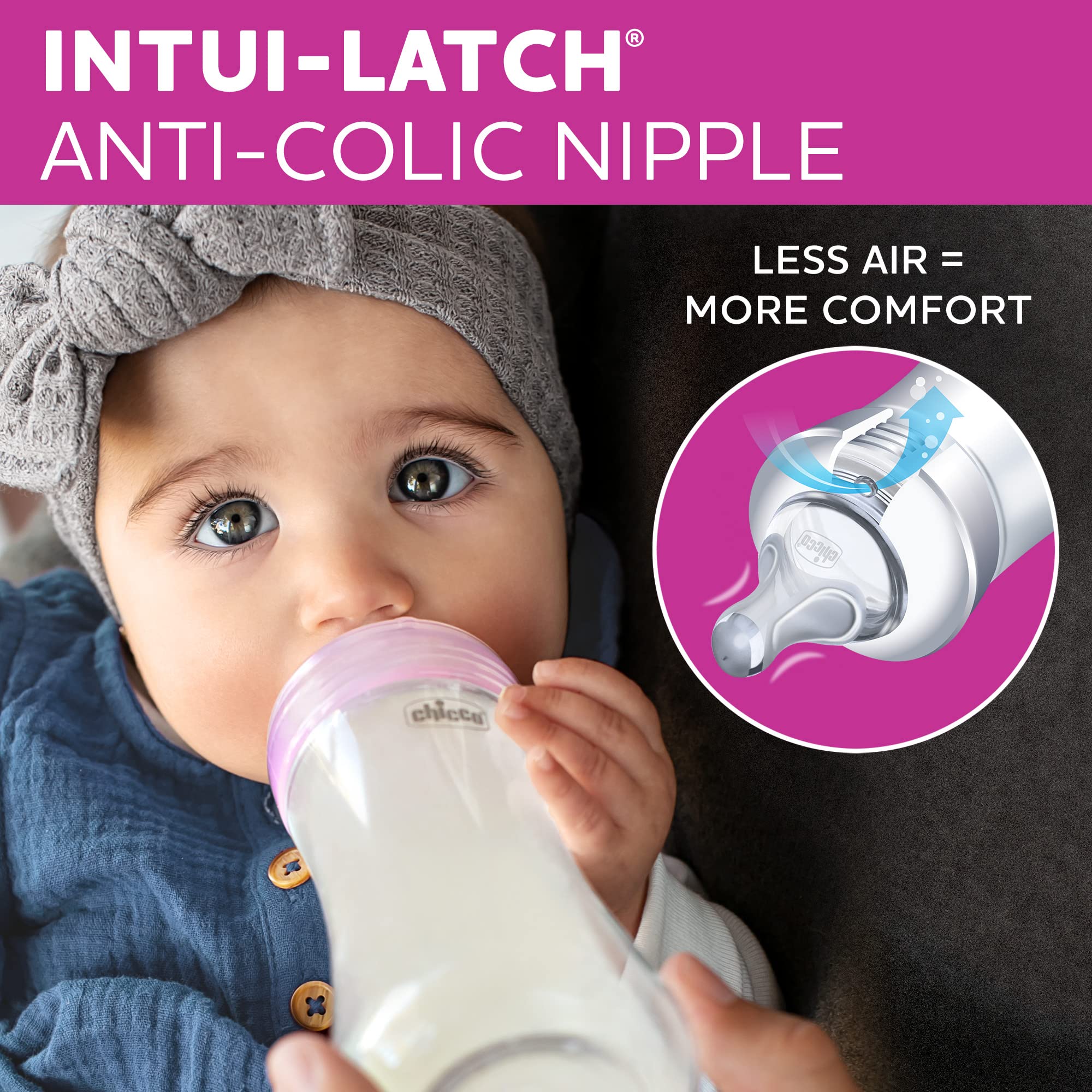 Chicco Duo 100% Silicone Intui-Latch Baby Bottle Nipple with Anti-Colic Valve | Skin-Like Texture and Breast-Like Flow | Stage 2, Medium Flow | 2 Count (Pack of 1) | 3+ Months