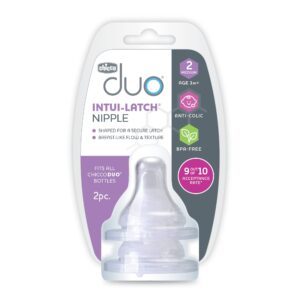 Chicco Duo 100% Silicone Intui-Latch Baby Bottle Nipple with Anti-Colic Valve | Skin-Like Texture and Breast-Like Flow | Stage 2, Medium Flow | 2 Count (Pack of 1) | 3+ Months