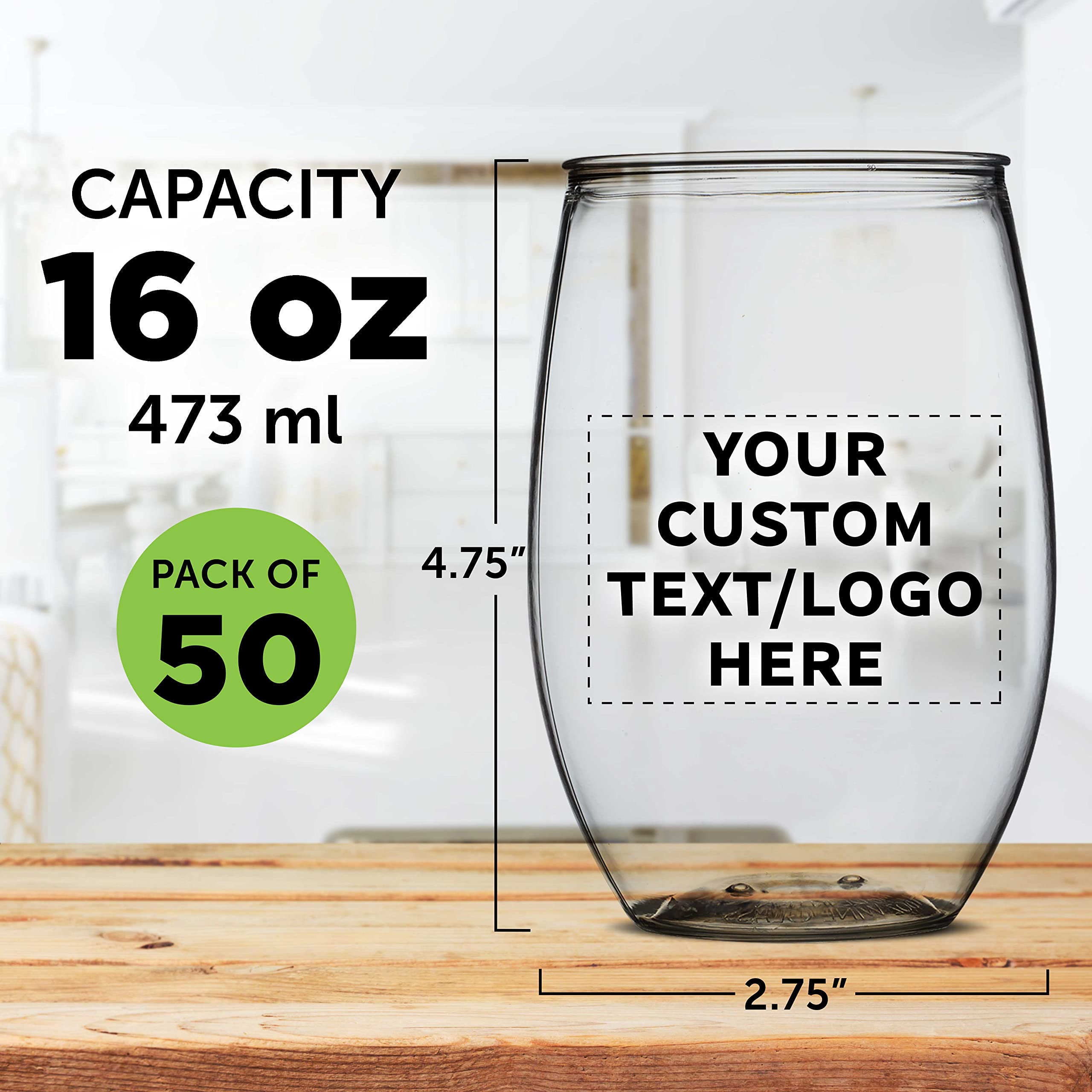 Custom Plastic Stemless Wine Glasses 16 oz. Set of 50, Personalized Bulk Pack - BPA Free, Great for Outdoor Lounges, Poolside, Parties and Other Events - Clear