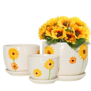 ton sin plant pots,set of 3 ceramic flower pots for indoor plants,4+5+6 inch planter with drainage hole saucer,garden pots catus planters (sunflower set of 3)
