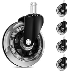 office chair wheels for ikea chairs,10mm stem caster, 3 inch heavy duty replacement rubber chair casters, quiet & smooth rolling for ikea casters, protection for hardwood floors or carpet