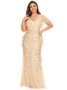 ever-pretty women's v-neck sparkly embroidery formal dresses plus size sequin mother of the bride dresses gold us18