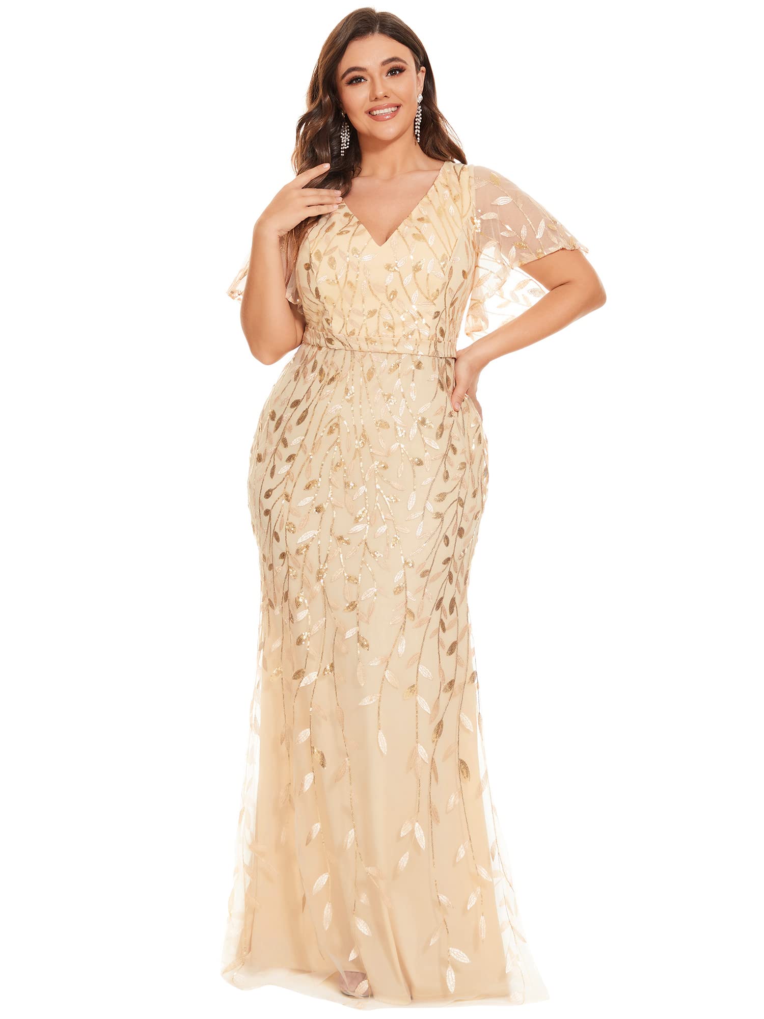 Ever-Pretty Women's V-Neck Sparkly Embroidery Formal Dresses Plus Size Sequin Mother of The Bride Dresses Gold US18