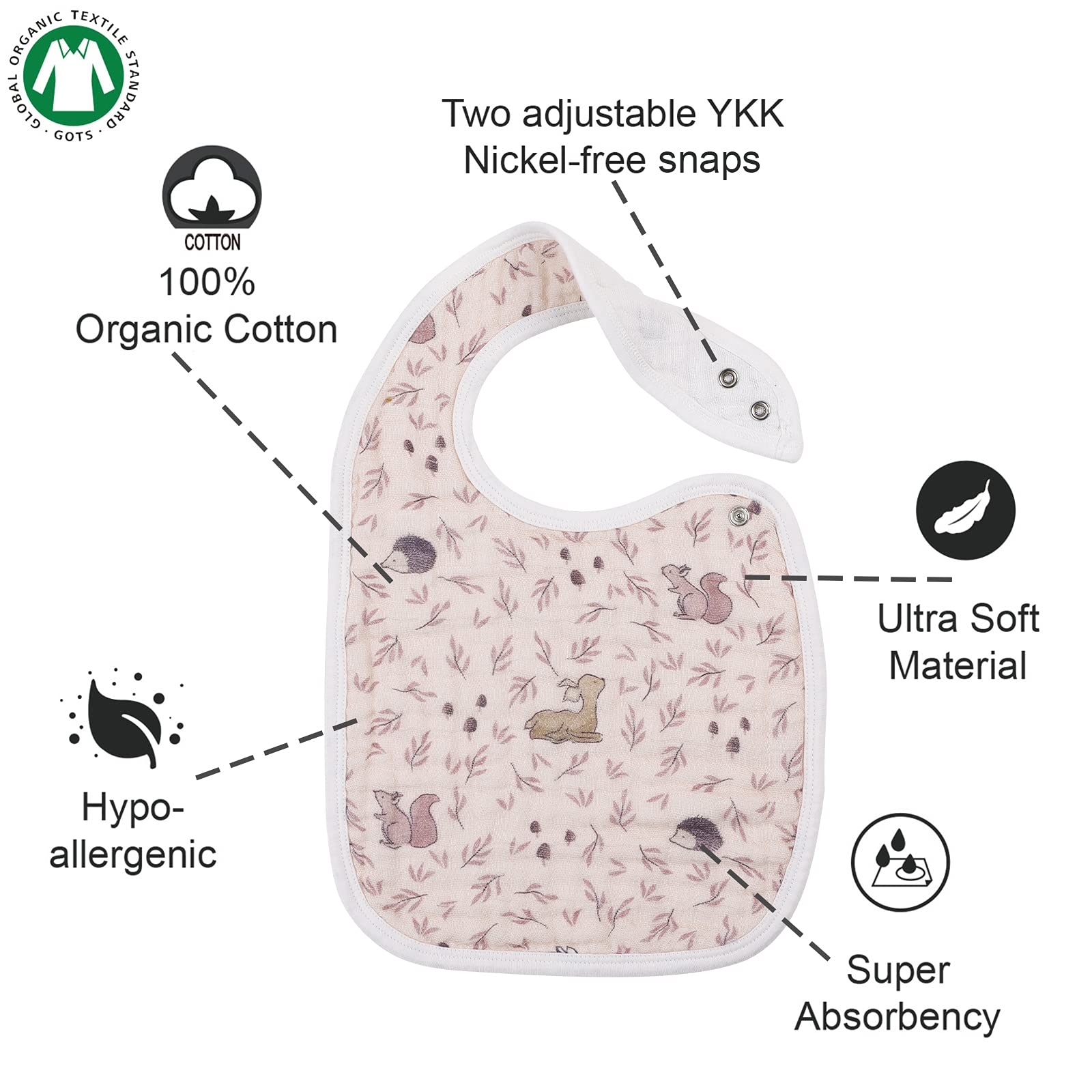 Snap Muslin Bibs for Girls, 3-Pack Baby Bibs for Infants, Newborns and Toddlers, 100% Cotton Muslin Absorbent & Soft Layers, Adjustable Snaps,"Spring"