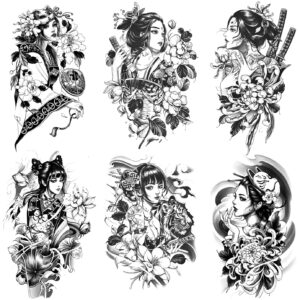 oottati 6 sheets arm fake waterproof temporary tattoos stickers black japanese geisha samurai women flower lotus