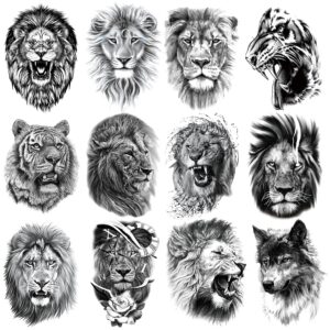 oottati 12 sheets arm waterproof temporary tattoo stickers black fierce tiger lion wolf for men women teens