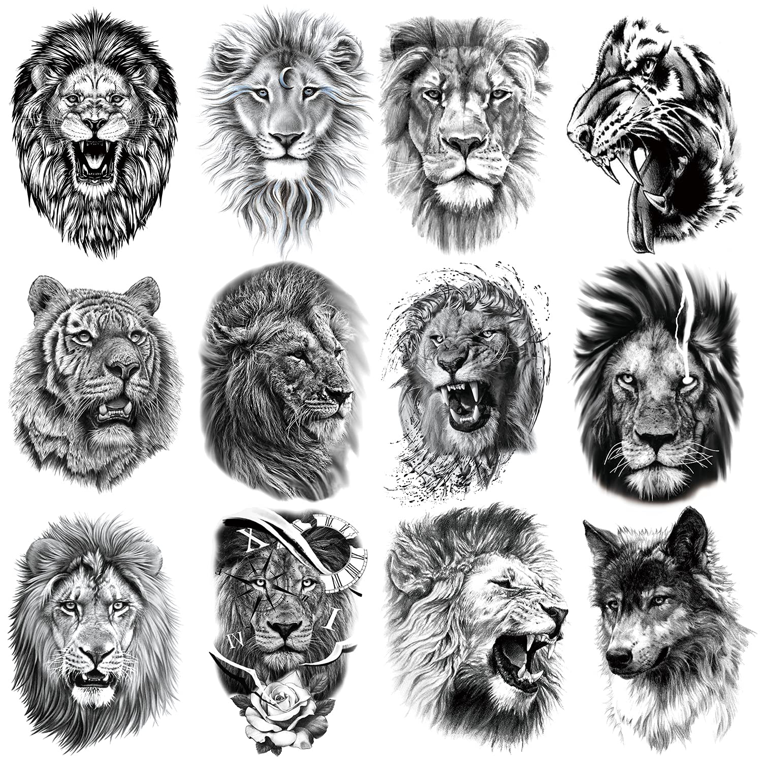 Oottati 12 Sheets Arm Waterproof Temporary Tattoo Stickers Black Fierce Tiger Lion Wolf for Men Women Teens