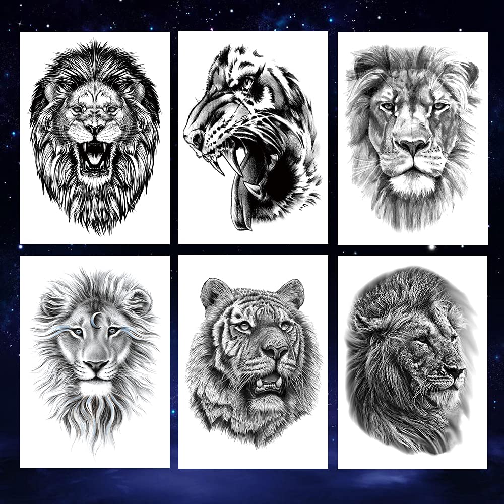 Oottati 12 Sheets Arm Waterproof Temporary Tattoo Stickers Black Fierce Tiger Lion Wolf for Men Women Teens