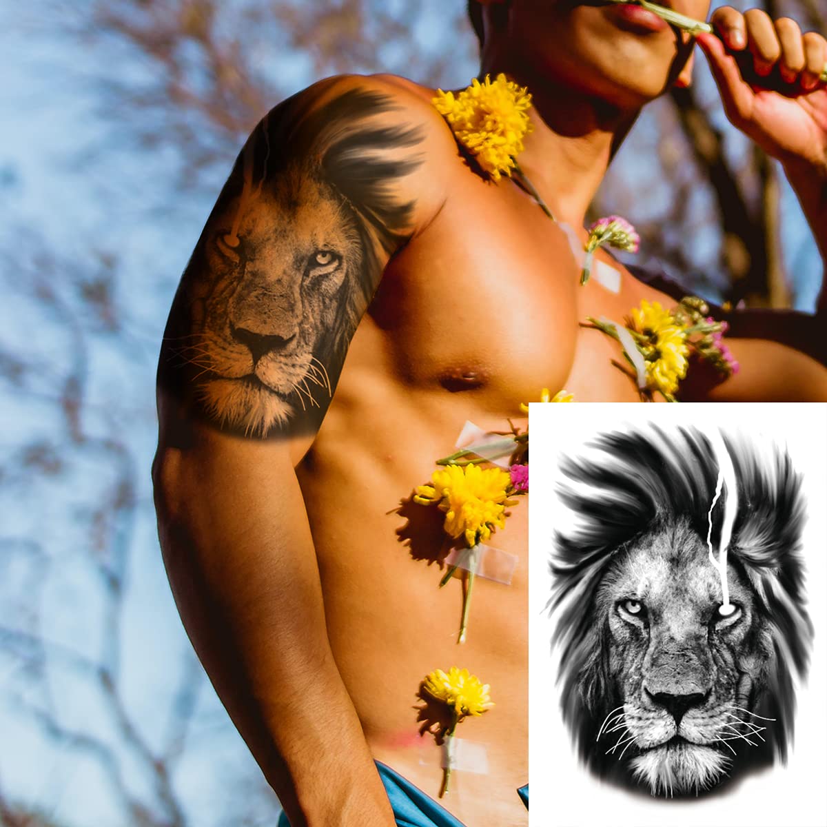 Oottati 12 Sheets Arm Waterproof Temporary Tattoo Stickers Black Fierce Tiger Lion Wolf for Men Women Teens