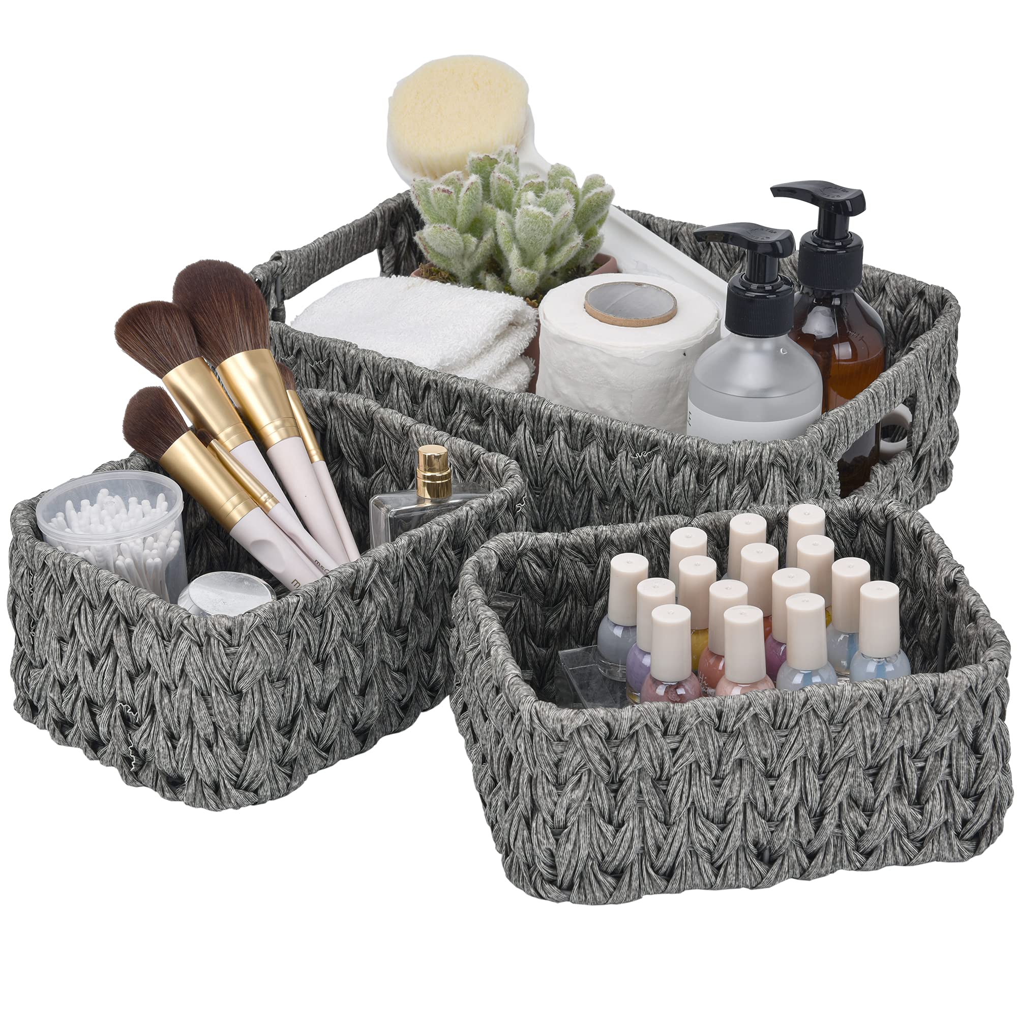 GRANNY SAYS Wicker Storage Baskets for Shelves, Baskets for Organizing, Toilet Basket TankTopper, 1 Large and 2 Small Wicker Baskets Waterproof, Gray, 3-Pack