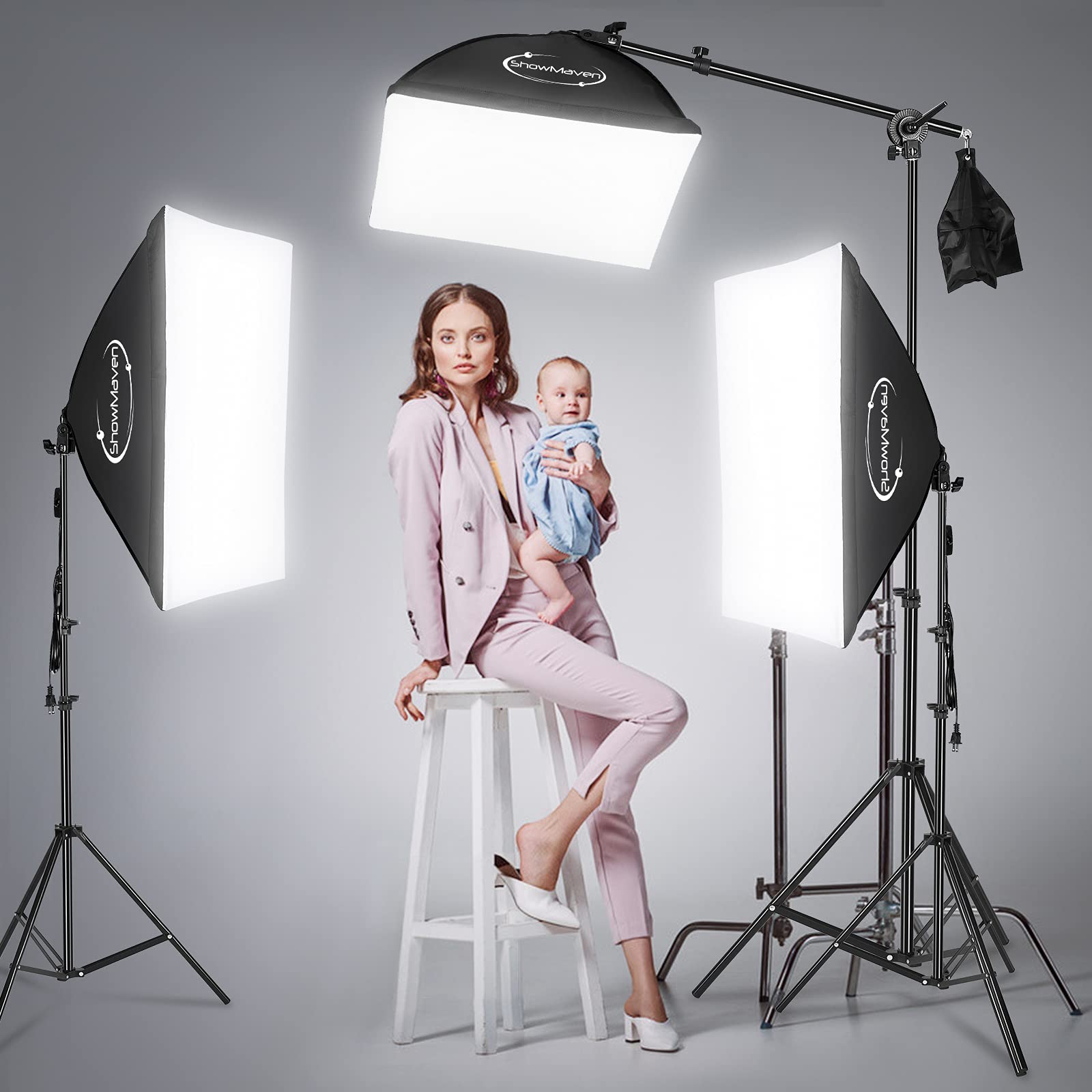 ShowMaven Softbox Lighting Kit Photography- Professional Continuous Light System Photo Lighting Kit with E27 135W Bulbs 5500K Photo Equipment for Portraits Video Shooting