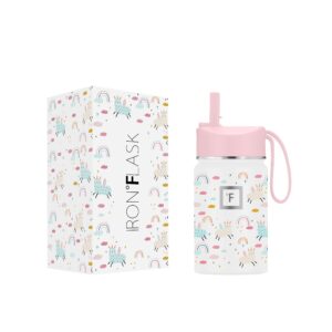 iron °flask kids water bottle - 10 oz, straw lid, 20 name stickers, vacuum insulated stainless steel, double walled tumbler travel cup, thermos mug - mothers day gifts - llama rainbows