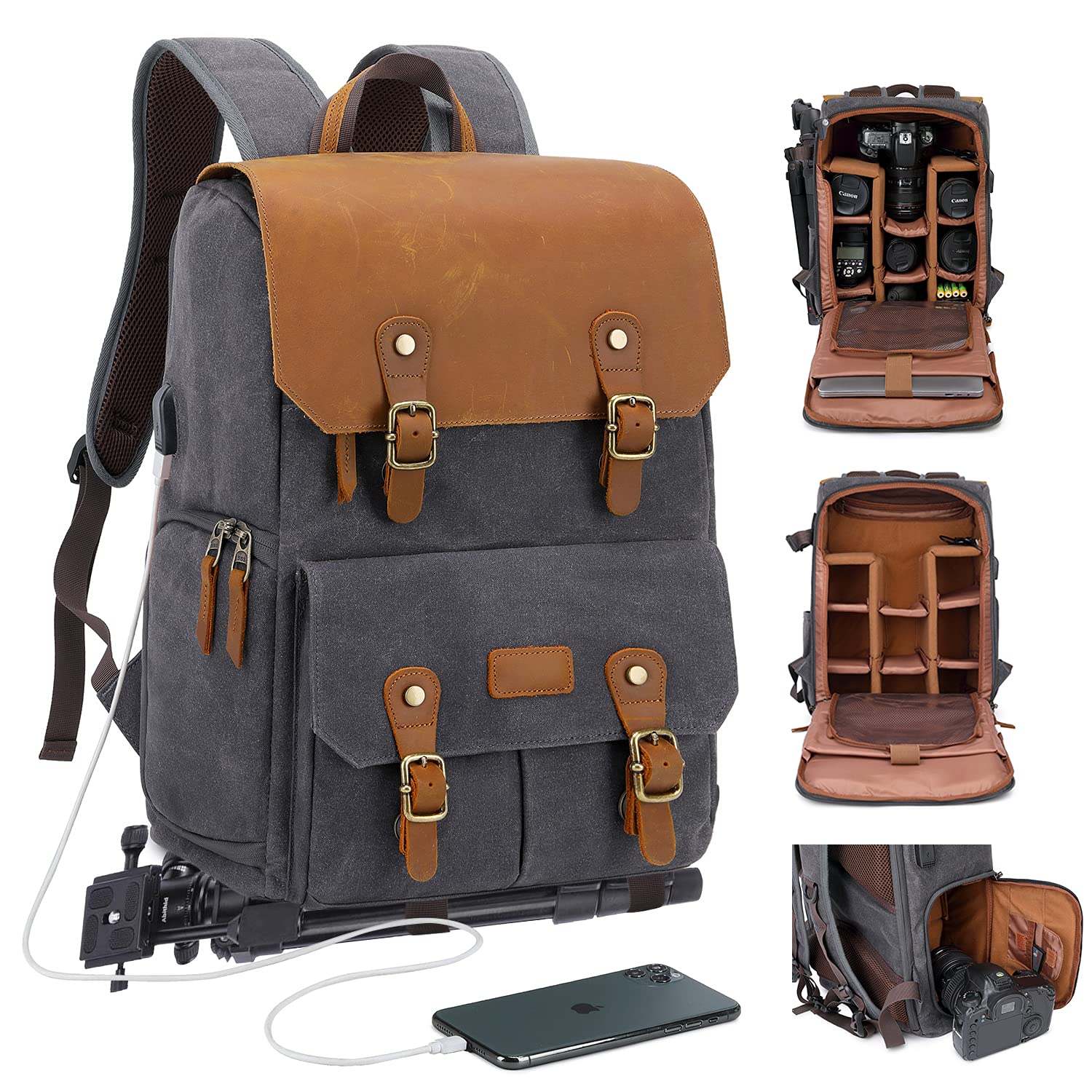 JAEP Camera Backpack - Weather Resistant 16 Ounces Waxed Memory Canvas – DSLR SLR Backpacks with 15.6” laptop sleeve compartment and Tripod Holder for Photographers -Vintage leather Style (Dark Grey)