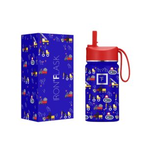 iron °flask kids water bottle - 14 oz, straw lid, 20 name stickers, vacuum insulated stainless steel, double walled tumbler travel cup, thermo mug - valentines day gifts - construction zone