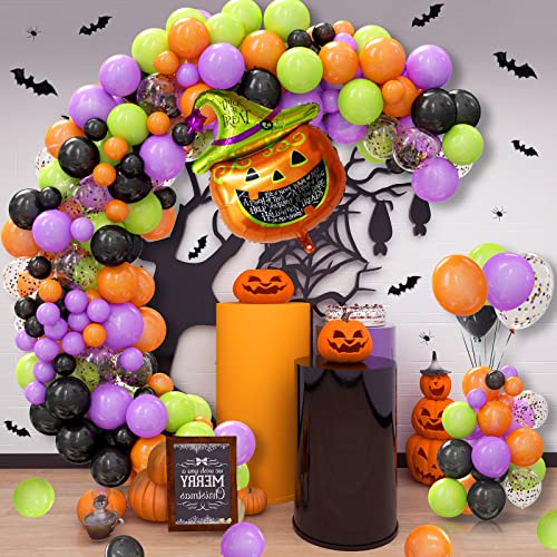 124 Pack Halloween Balloon Arch Garland Kit, Black Orange Green Purple Confetti Balloons and Mylar Pumpkin Balloon for Kids Halloween Birthday Party Decorations Supplies