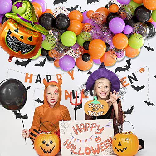 124 Pack Halloween Balloon Arch Garland Kit, Black Orange Green Purple Confetti Balloons and Mylar Pumpkin Balloon for Kids Halloween Birthday Party Decorations Supplies