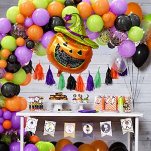 124 Pack Halloween Balloon Arch Garland Kit, Black Orange Green Purple Confetti Balloons and Mylar Pumpkin Balloon for Kids Halloween Birthday Party Decorations Supplies