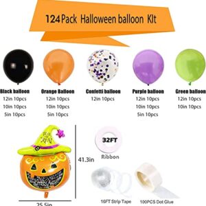 124 Pack Halloween Balloon Arch Garland Kit, Black Orange Green Purple Confetti Balloons and Mylar Pumpkin Balloon for Kids Halloween Birthday Party Decorations Supplies