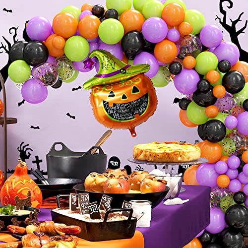 124 Pack Halloween Balloon Arch Garland Kit, Black Orange Green Purple Confetti Balloons and Mylar Pumpkin Balloon for Kids Halloween Birthday Party Decorations Supplies