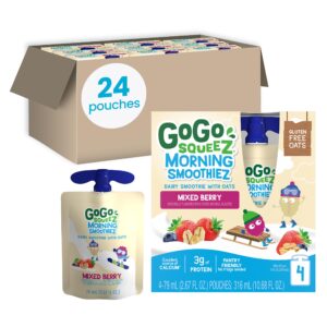 gogo squeez morning smoothiez, mixed berry, 3 oz (pack of 24), gluten free yogurt, fruit and oat smoothie snacks for kids, no preservatives, no fridge needed, bpa free squeeze pouches
