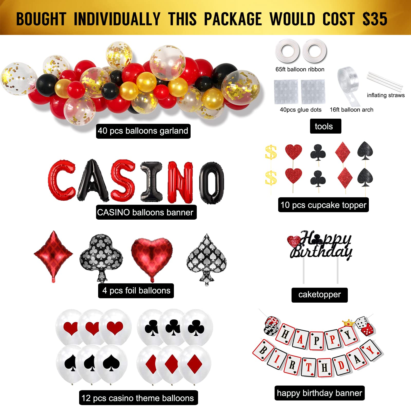 Casino Theme Party Decorations, Casino Birthday Party Decorations Supplies, Las Vegas Party Decorations, Poker Happy Birthday Banner, CASINO Letter Balloons Banner, Casino Balloons Garland Set