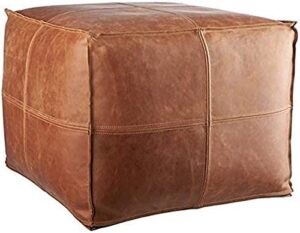 leatherooze stuffed square pouf, footstool, upholstered in brown leather, for the living room, bedroom and kids room, transitional, modern 14x16x16inches