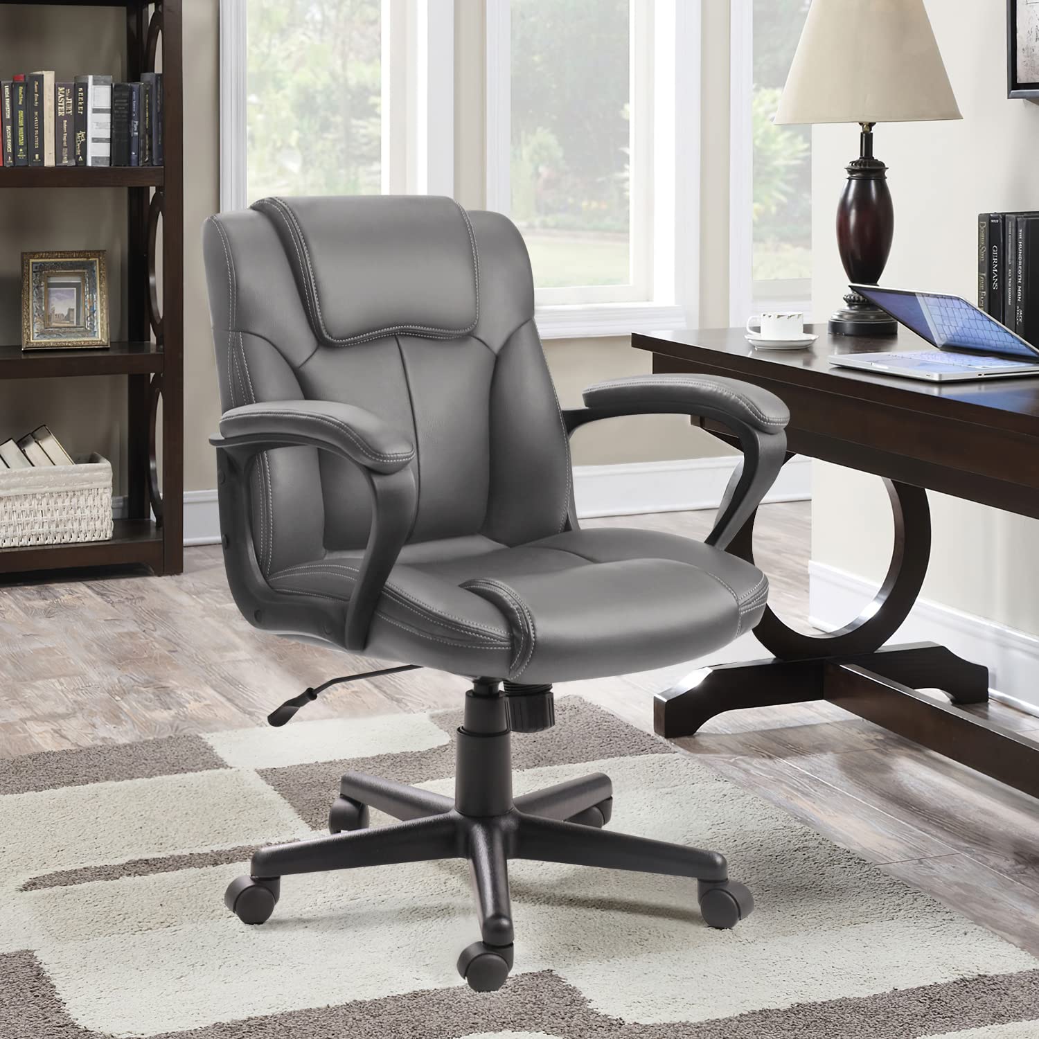 Shahoo Executive Office Chair Mid Back Swivel Computer Task, Ergonomic Leather-Padded Desk Seats with Lumbar Support,Armrests, Grey