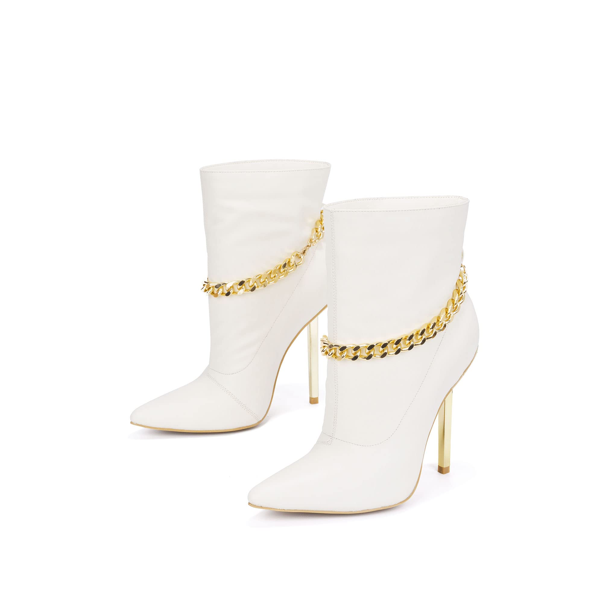 Cape Robbin Joelle Sexy Stiletto Slide On Booties for Women, Pointed Toe Women's Ankle Boots with Gold Links - White Size 10