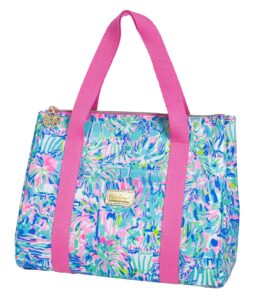 lilly pulitzer cute lunch bag for women, large capacity insulated tote bag, blue mini cooler with storage pocket and shoulder straps, cabana cocktail